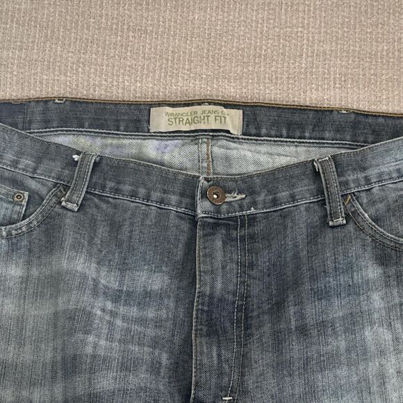 Faded Y2K Relaxed Bootcut Wrangler Straight Fit Jeans Streaky Blue Wash 40 Waist - Picture 2 of 8